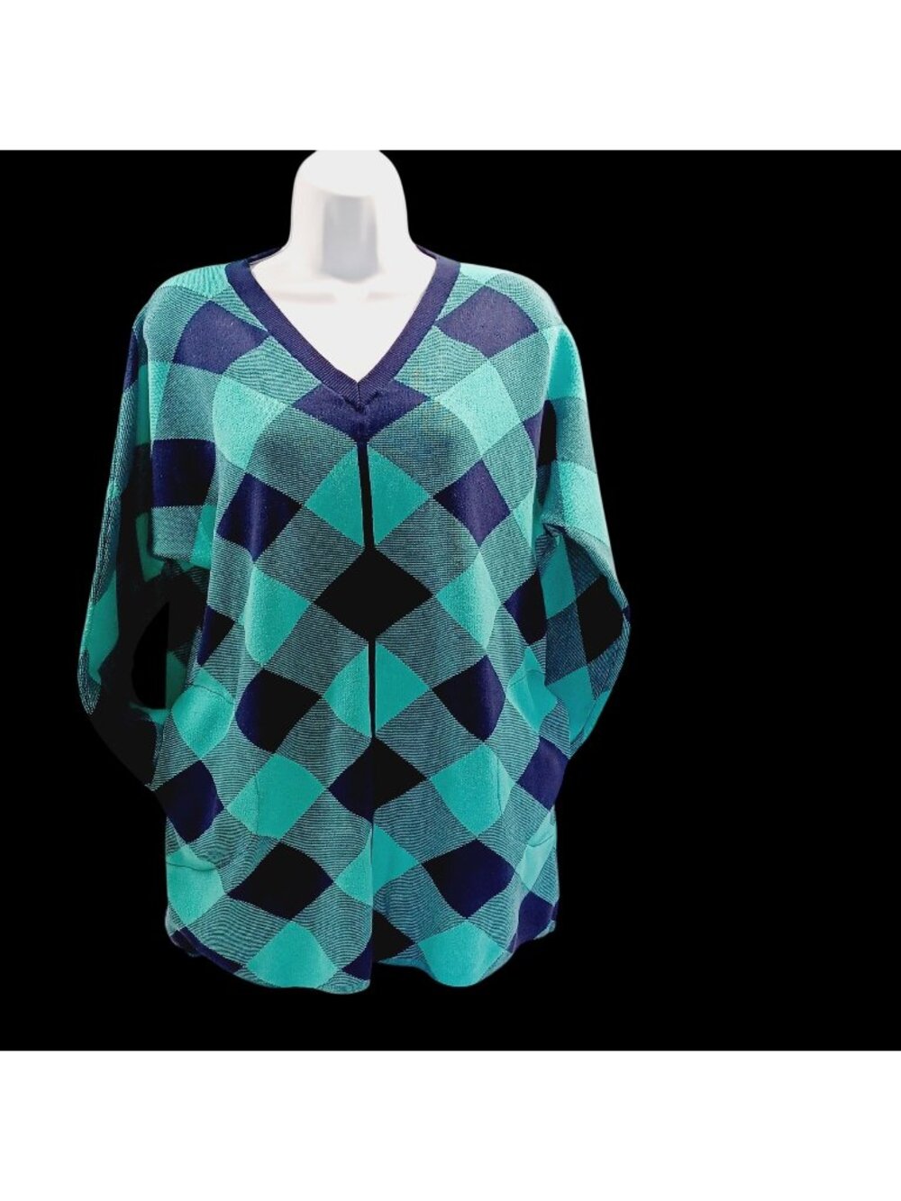 Lands End Tunic Top Argyle V-Neck Preppy Relaxed Cozy Navy Blue/Teal Womens Med